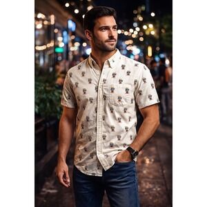 Miller Lite Shirt Mens M White Button Down Short Sleeve All Over Print Beer